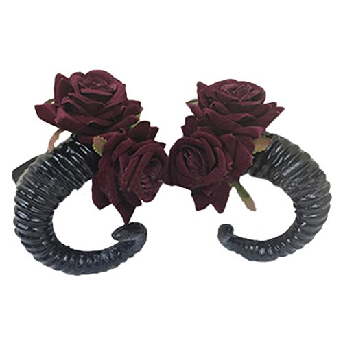 Demon Sheep Horn Rose Flower Headband Gothic Kawaii Beauty Horror Halloween Party Cosplay Retro Hair Accessories Vintage Hairpin Secologo (With Hairpin)