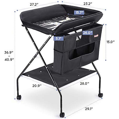 Baby Changing Table with Wheels, FORSTART Adjustable Height Folding Diaper Station Portable Mobile Nursery Organizer with Newborn Clothes & Storage Rack for Infant