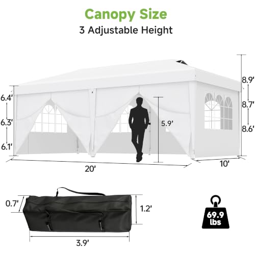Real Relax 10x20ft Pop Up Portable Canopy Tent with 300D Silver-Coated Top, 6 Sidewalls, UV-Protective, Waterproof, Windproof, Easy Setup with 2 Central Locks for Camping, Wedding, White