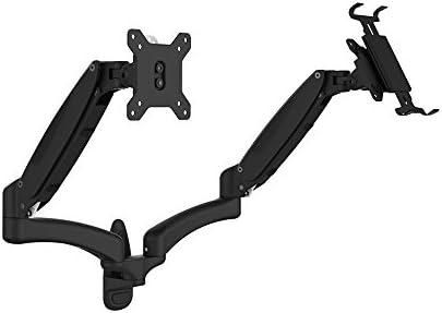 OLLO: Twin Wall Mounted Gas Spring Monitor Mount with iPad Holder, Snap-on Head, +90º/-85º Tilt, 180º Rotation, 0-18 Lbs. Each Arm, Black, Fits Most 15-27" (WA-2XP)