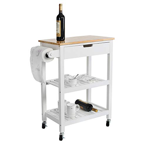 U-Eway Kitchen Rolling Island,Bar Serving Cart on Wheels,3 Tiers Wine Tea Beer Shelves Holder with Drawer,Trolley with Storage for Dining Rooms Kitchens (White)