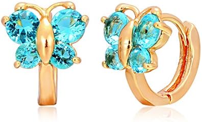 Windshow 18K Yellow Gold Plated Butterfly CZ Mini Huggie Hoop Earrings for Baby Girls Children Kids 0.48" (Blue)