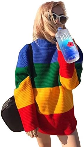 AMLLY Women's Fashion Long Sleeve Colorblock Rainbow Casual Long Sweater Pullover