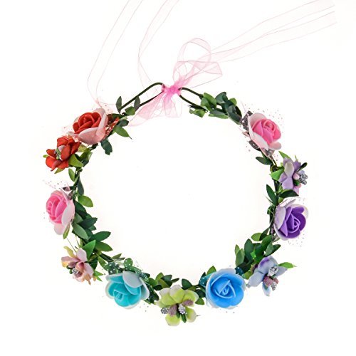 June Bloomy Rose Floral Crown Wreath Girls Flower Headband Boho Garland Halo Headpiece (Rainbow)