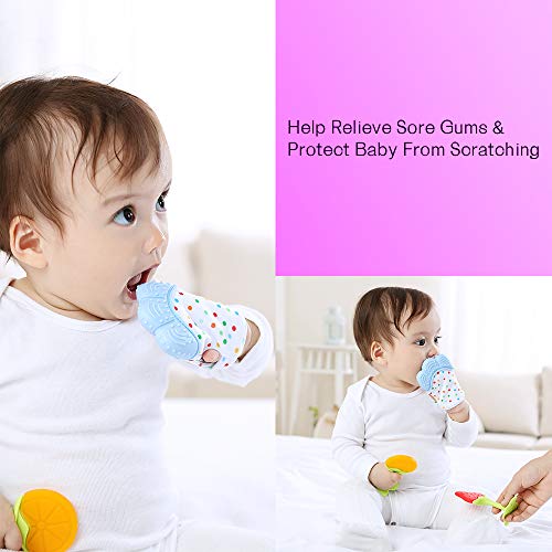 MICHEF Teething Mittens for Baby (2 Pack) with Baby Teething Toys (3 Pack), Self Soothing Pain Relief Mitt, Silicone Baby Teethers, BPA-Free, Natural Organic Freezer Safe for Infants and Toddlers