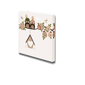 Canvas Prints Wall Art - Cute Owls on a Branch with Roses and Place for Text - 12" x 12"