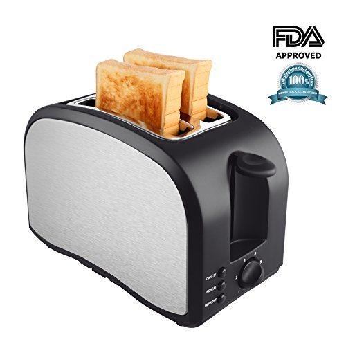 2 Slice Toaster Wide Slot Compact Brushed Stainless Steel Slice Toaster with Removable Crumb Tray 2-Slice Toaster with Defrost, Reheat, and Cancel Buttons