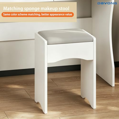 DAYONG Makeup Vanity Desk with LED 3-Colour Mirror, Vanity Dressing Table with 2 Drawers and Open Shelves, Vanity Table Set with Cushioned Stool for Bedroom, 80x140cm (White)