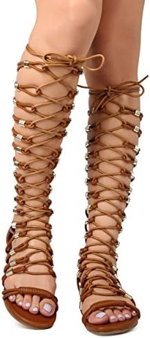 Vigo Fiore EK95 Leatherette Open Toe Knee High Beaded Loop Wrap Gladiator Sandal - Cognac (Size: 5.5)