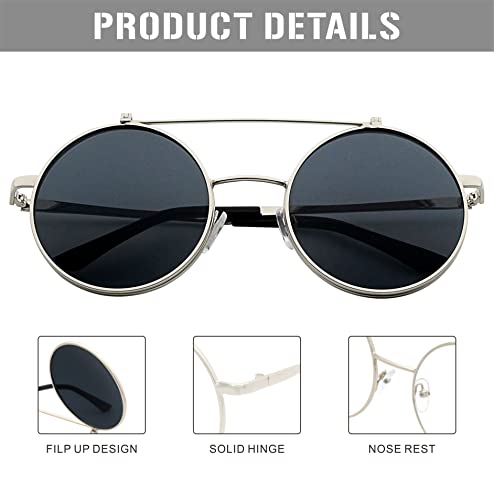 J&L Glasses Retro Flip-Up Round Goggles Seampunk Sunglasses (Silver,Black, Clear)