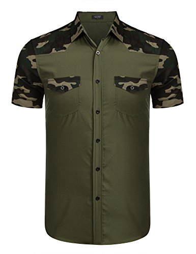 Coofandy Mens Summer Camouflage short Sleeve Casual Shirts, Army Green, X-Large