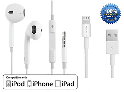 Iphone Headphone, Nezarco Headset Earbuds in Ear, Compatible With: Iphone 5 5s 5c 6 6+ Plus 4 4s, Ipad Air 1 2 Ipad Mini 1 2 with Retina, Handsfree Remote Control Mic. USB Lighting Charger Cable