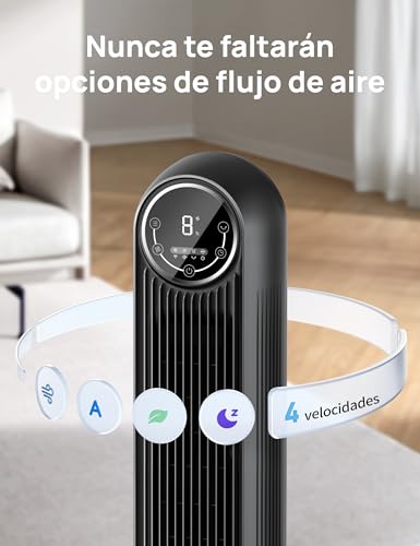 Dreo Quiet Standing Fan, Tower Fan with 25 ft/s Speed, 4 Speeds, 90° Rotation, 8 Hours Timer, LED Display and Remote Control Included. Black.Alexa