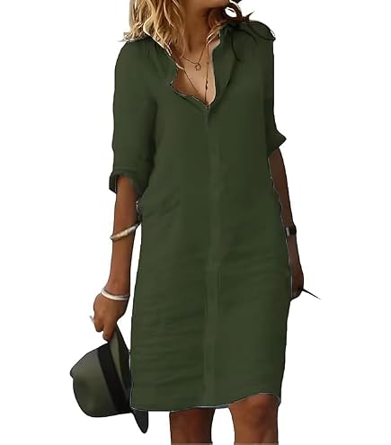 Zilcremo Women Denim Shirt Dresses Long Sleeve Distressed Jean Dress Button Down Casual Tunic Top ArmyGreen S