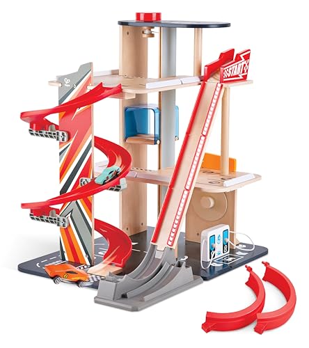 Hape Gearhead Stunt Garage Kids Wooden Toy Car Parking Garage Playset w/Elevator and 2 Exit Tracks, Detachable Loop, Includes 2 Wooden Toy Racecars