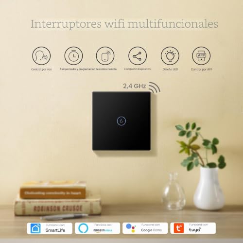 BSEED Smart WiFi Touch Light Switch, Glass Panel, Compatible with Alexa, Smart Life and Tuya (No Neutral Wire Needed), 1 Gang 1 Way, 86 mm Black