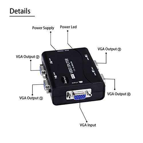 image for JideTech VGA Splitter 4 Port 1 in 4 Out USB Powered Support 1920X1400 