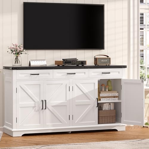 FIONESO 61" W Buffet Cabinet with 3 Large Drawers & 2 Adjustable Shelves, Farmhouse Sideboard Cabinet, Coffee Bar, TV Stand, for Kitchen, Living Room, White,40×155×80CM