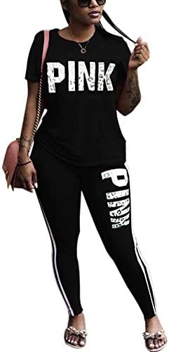 KIRJAUDU Women Letter Print Summer Round Neck T-Shirt Pencil Pants Two Piece Outfit XXL Black