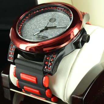 Techno Pave Silicon Band Icy Black Gold Finish Red Dial Lab Diamond Mens Watch