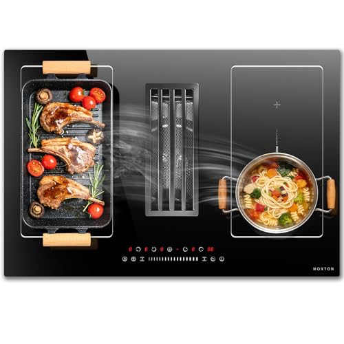 NOXTON Induktionsfeld Flexzonen mit Dunstabzugshaube, Induktionskochfeld 77 cm Flexzone mit Booster, Timer, 4 Zonen Induktion Kochfeld 6400 W, und 135