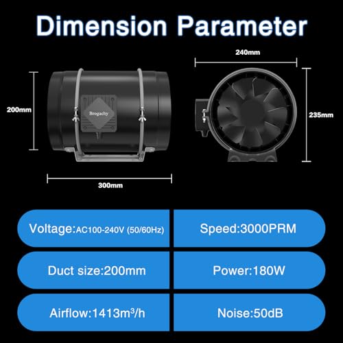 Brogachy 200 mm Adjustable Air Extractor 1413m³/h, 3000 RPM Three Phase EC Motor Fan Extractor, For Tents Growing Hydroponics, Domestic, Attic and Garag.