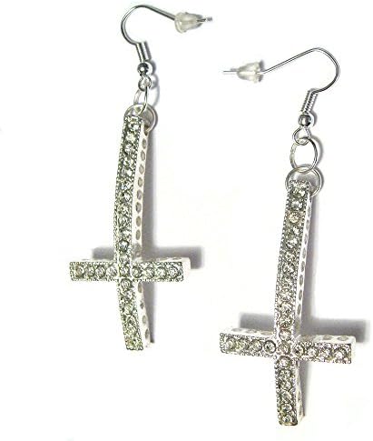 Inverted Clear Crystal Cross Gothic Satanic Dangle Silver Plated Hook Charm Earrings