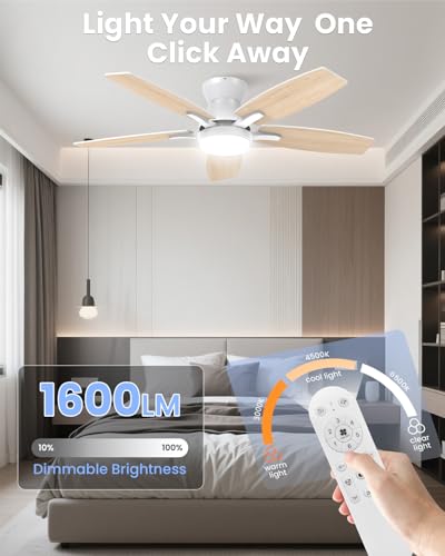 Airwit Ventiladore de Techo, Lámpara Ventilador de Techo 42 Pulgadas/107 cm, Abanico de Techo Silenciosos con Control Remoto y Luz LED para el Hogar, 6 Velocidades, Motor de CC Reversible, Blanco