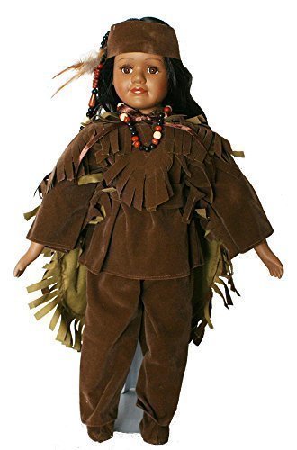 Native American Porcelain Doll 18 Inches with Traditional Faux Brown Leather suite with Cloak with Beading and Headdress and Feather.