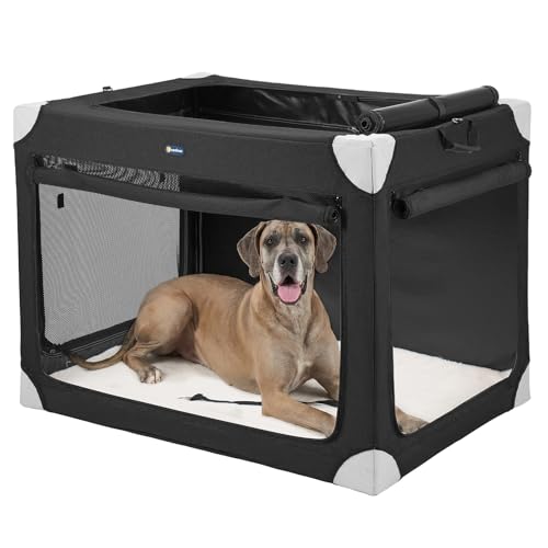Veehoo Collapsible XL Dog Crate, Portable Travel Soft Dog Crates for Large Dogs up to 90 lbs, 48 Inch Foldable Pet Kennel with 4-Door Mesh Windows for Indoor Outdoor, Black