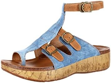 4EurSole Women's Stroll On Ankle Strap Toe Ring Sandal,Tan/Blue Denim/Leather,EU