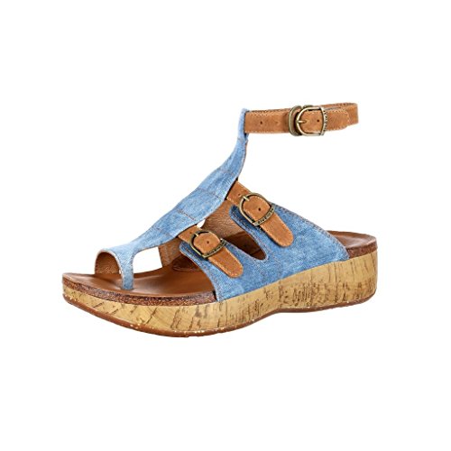 4EurSole Women's Stroll On Ankle Strap Toe Ring Sandal,Tan/Blue Denim/Leather,EU