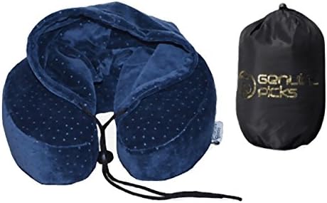 Luxury Quality Memory Foam Neck Pillow with Hoodie. Lovely Carry Bag. Velvet Exterior Travel Pillow. Comfortable U Shaped Pillow. Gift Ideas (Jacquard Blue)