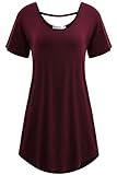 Meaneor Women's Basic Short Sleeve Cross Back Comfy Loose Fit Tunic Top (XXL, Wine Red)