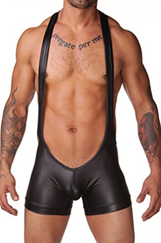 Demarkt Sexy Men's Siamese Underwear Fuax Leather Boxer Briefs Underpants (Medium)