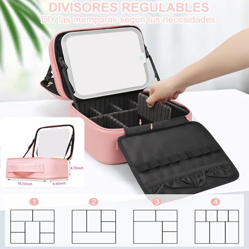 26cm Estuche de Maquillaje con Espejo Iluminado, Bolsa de Maquillaje de Viaje con Espejo LED Desmontable, Tres modos de luz ajustables, con mini espejos plegable, 2 Mini Esponjas De Maquillaje (Rosa)