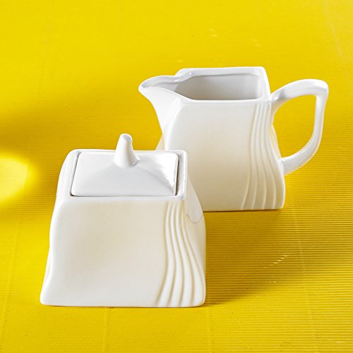 Malacasa, Series Amparo, 3-Piece Ivory White Porcelain Ceramic Sugar and Creamer Set Serving for Coffee and Tea of Milk Jug and Sugar Pot (with Lid) - Thumbnail 2