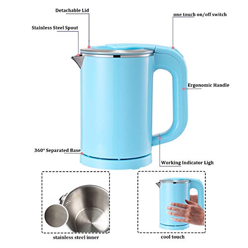 Portable Electric Kettle - 0.5L Mini Stainless Steel Travel Kettle - Water Touch Inner Surface without Plastic & Cool Touch Outer Surface (Blue) - Thumbnail 2
