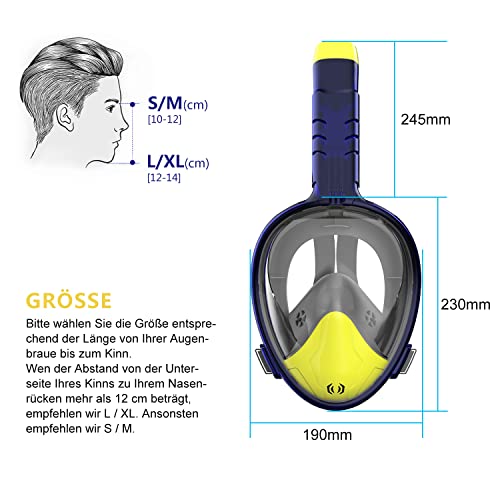 Tauchmaske Schnorchelmaske Vollmaske 180 Anti-Fog-Sichtfeld Vollgesichts Schnorchelmaske für Erwachsene, mit Panoramadesign Anti-Leck Vollgesichtsmaske zum Schnorcheln Kompatibel mit der Kamera -L/XL