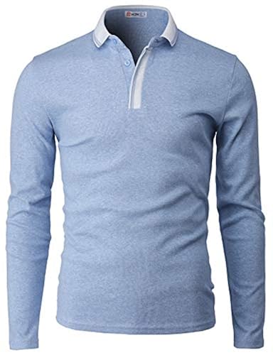 H2H Men's Casual Slim-fit Polo Shirt Cotton Pique Long Sleeve Sky