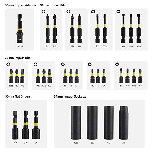 Impact Screwdriver Bit Set, Utool 33 pcs Ultratorq Impact Driving Bits and Socket Set including 25 Screwdriver Bits, 4 Impact Sockets, 3 Magnetic Nut Drivers and 1 Socket Adapter.