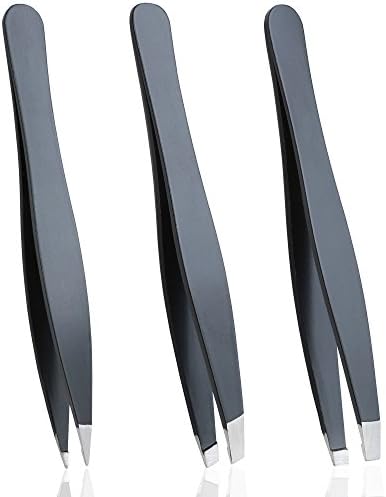 Tweezers for Eyebrows Set of Three- Includes Case with Professional Pointed Needle Nose, Slant & Straight Precision Stainless Steel- Ingrown Hair Nose, Hair Eyebrow & Splinters (Multi) (Black)
