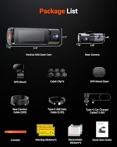 Vantrue N5S 4 Channel 360 Degree WiFi Dash Cam, STARVIS 2, IR Night Vision, 2.7K+1080P*2+1440P Front Rear Inside Dashcam, Voice Control, GPS, 24 Hours Parking Mode, IR Night Vision, Support 1TB Max