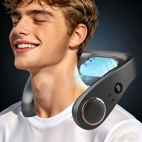 Kouric Ultra-Quiet Mobile Air Conditioning Neck Fan with LED Display, 3 Cooling Levels (15°C/20°C/25°C), Battery 5500mAh Battery Life Max 15 Hours, for Children & Adults Office Travel