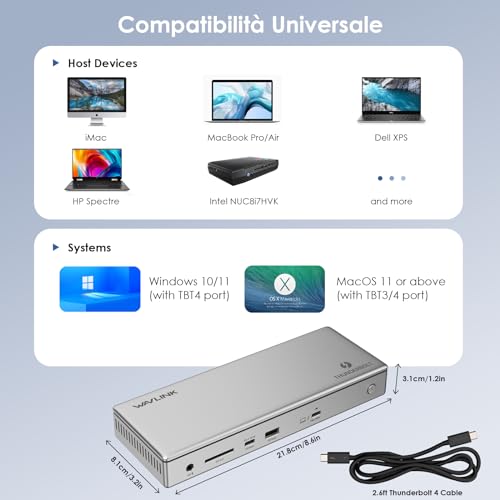 WAVLINK Thunderbolt 4 Docking Station 12-in-1.98W PD,Single 8K or Dual 4K Display for MacBook Pro/Air Thunderbolt 4/3,USB-C/USB 4 Windows