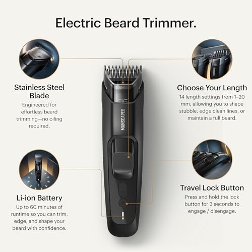 MANSCAPED® The Beard Hedger® PLUS, Men's Adjustable Beard & Mustache Trimmer with 14 Length Settings (1–20mm), Stainless Steel Blade, Waterproof Cordless Grooming, Travel Lock, USB-C Rechargeable