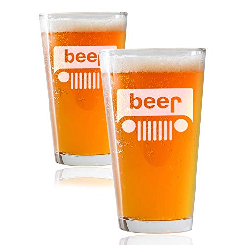 Jeep/Beer Engraved PUB Style PINT Style Beer Glass.16oz - 2 pack - Perfect gift for the Offroad Overland Wrangler enthusiasts Men Women Dad jeeps lover. Includes Beer Food Pairing Card