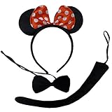 Plush Minnie Mouse Ears Bow & Tail Black Red White Fancy Dress Set Adult Child