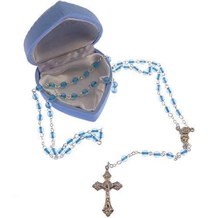 Kinder Rosenkranz kleine Perlen und blaue Herzbox Kommunionsgeschenk für Jungen