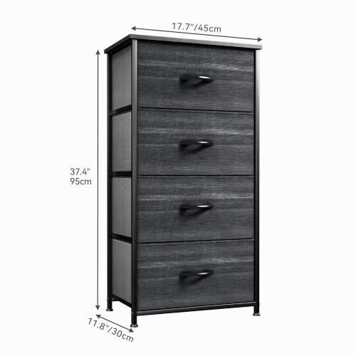 YITAHOME 4 Drawer Fabric Chest of Drawers Bedroom Storage Cabinet, Metal Frame, for Bedroom, Living Room, Black Wood Grain